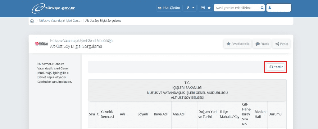 Giriş sonrası açılan ALT ÜST SOY BELGESİ tablosu ve sağ üstteki Yazdır düğmesi